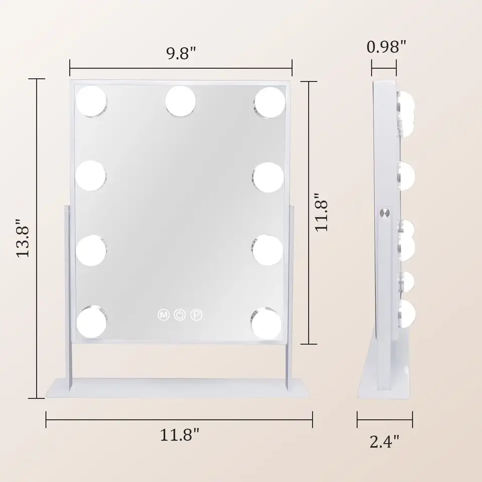 Vanity Makeup Mirror with 9 LED Bulbs, 360° Rotation & 10X Magnifier