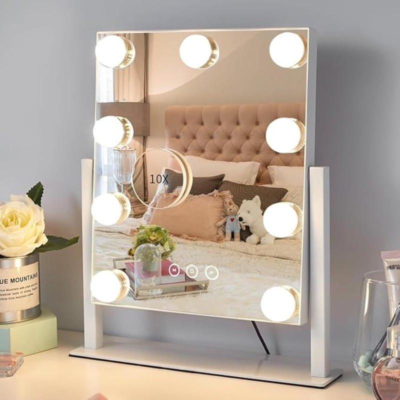 Vanity Makeup Mirror with 9 LED Bulbs, 360° Rotation & 10X Magnifier