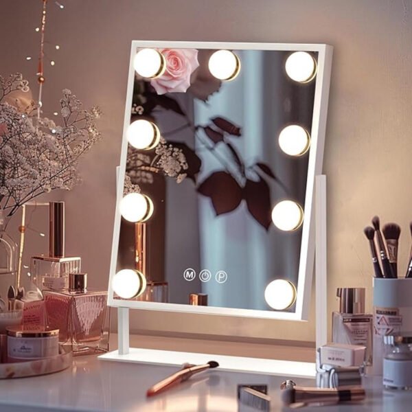 Vanity Makeup Mirror with 9 LED Bulbs, 360° Rotation & 10X Magnifier