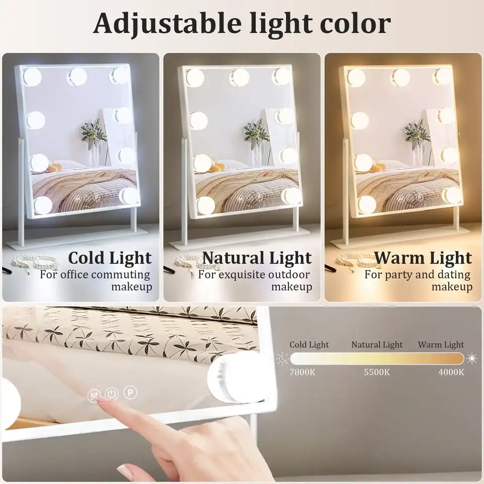 Vanity Makeup Mirror with 9 LED Bulbs, 360° Rotation & 10X Magnifier