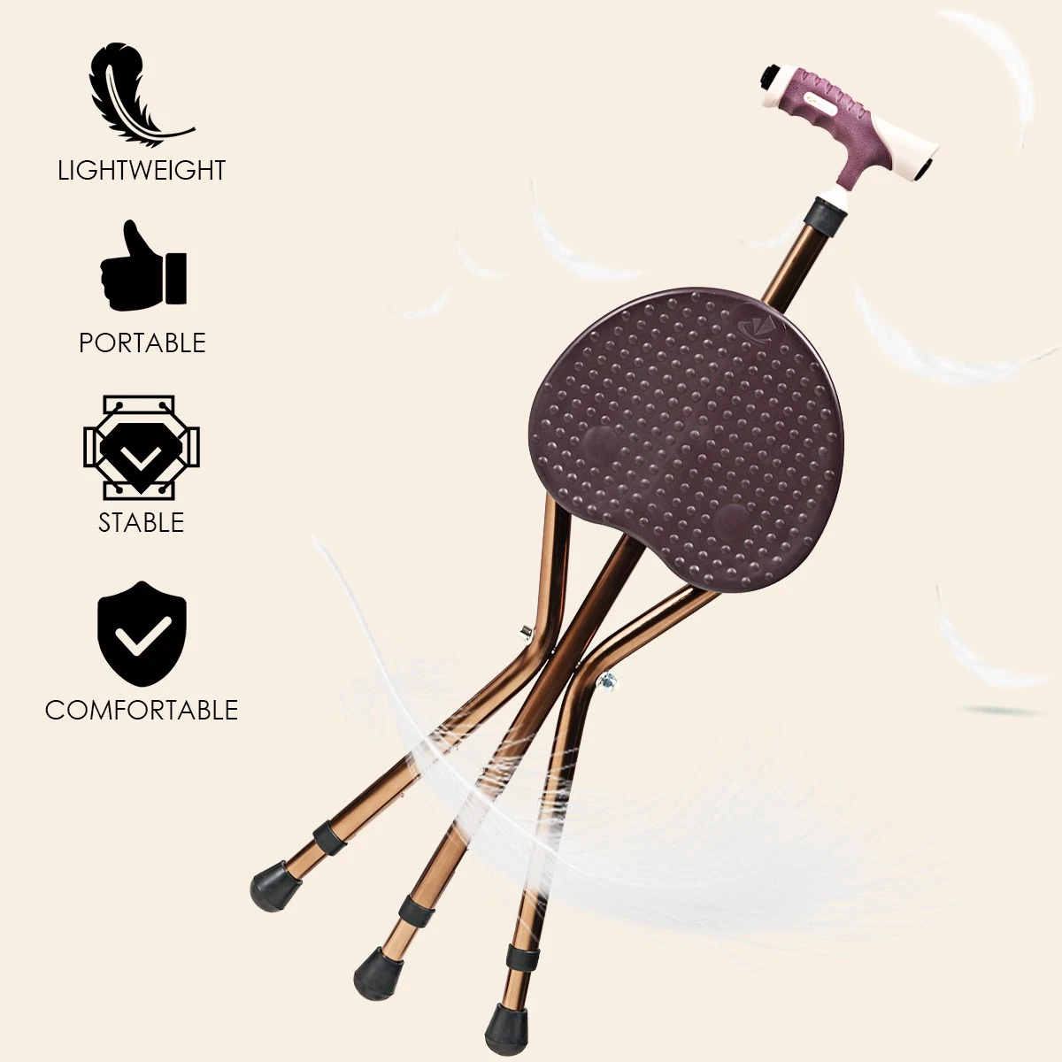 Adjustable Lightweight Folding Cane Seat with Light