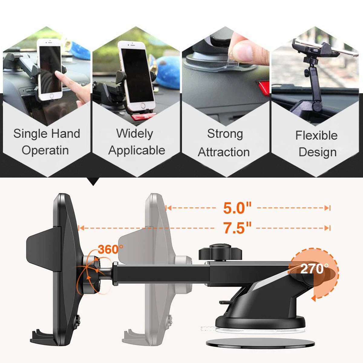 Portable Car Phone Mount for Windshield & Dashboard